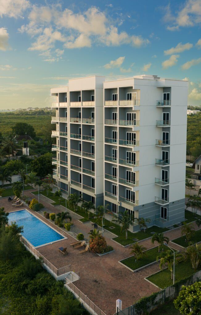 Aerial view — building & pool